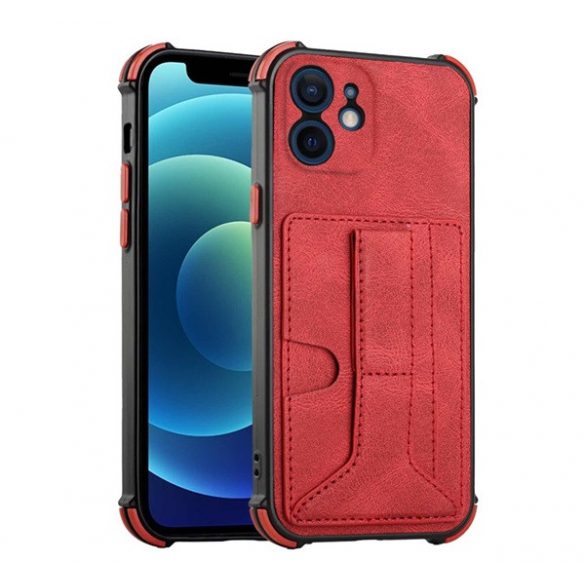 Protectie de telefon din silicon (rezistenta la impact mediu, efect piele, suport card bancar, functie suport birou + curea de la mana) RED Apple iPhone 12 mini