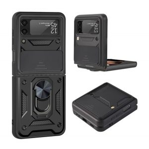 Protecție din plastic Defender pentru telefon (rezistență medie la impact, interior din silicon, inel suport telefon, protecție cameră foto) negru Samsung Galaxy Z Flip3 5G (SM-F711)