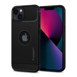 Protector de telefon din silicon SPIGEN RUGGED ARMOUR (rezistență medie la impact, colț cu pernă de aer, model carbon, decupat logo) NEGRU Apple iPhone 13