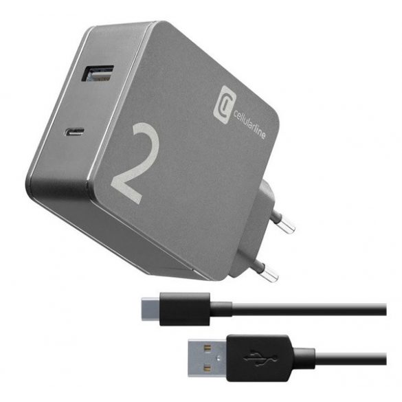 Încărcător de rețea CELLULARLINE USB+priză tip C (încărcător rapid de 48 W + cablu tip C) NEGRU