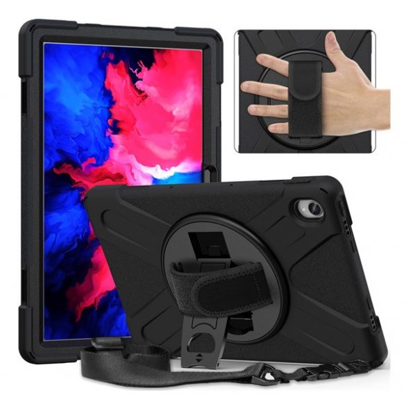 Protecție din plastic Defender pentru telefon (rezistentă la impact mediu, rotativă la 360° + curea de mână, curea de umăr) negru Lenovo Tab P11 (TB-J606F), Lenovo Tab P11 Plus (TB-J616F), Lenovo Tab P11