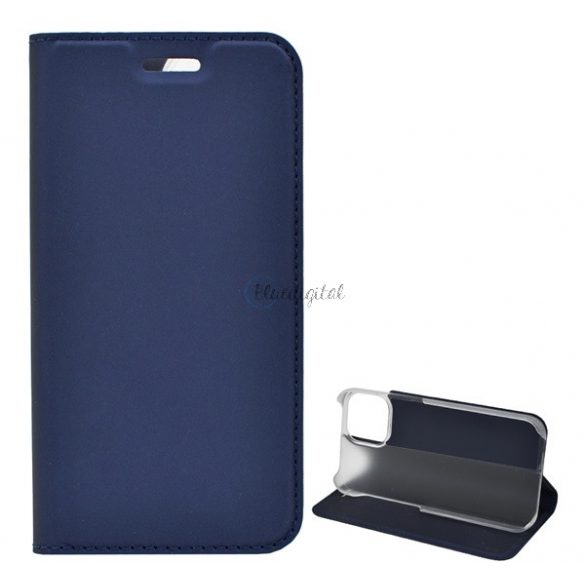 Carcasa in picioare, efect piele (FLIP, deschidere laterala, functie suport birou) ALBASTRU INCHIS Apple iPhone 13 mini