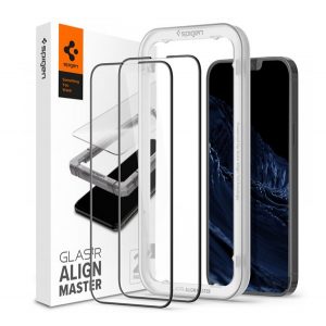 SPIGEN ALM FC sticlă de protecție pentru ecran 2buc (2.5D, fără amprentă, foarte rezistent la zgârieturi, 9H, ultra-subțire, evidențiere de culoare) NEGRU Apple iPhone 13 Pro Max