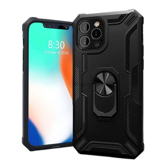 Protector de telefon din plastic 4-OK Defender (rezistență medie la impact, interior din silicon, inel de suport pentru telefon, placă metalică încorporată) NEGRU Apple iPhone 13 Pro