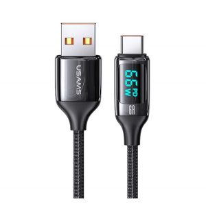 Cablu de date USAMS U78 (USB - Type-C, 65W, încărcător rapid PD, 120cm, șiret, afișaj LED) NEGRU