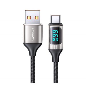 Cablu de date USAMS U78 (USB - Type-C, 65W, încărcător rapid PD, 120cm, șiret, afișaj LED) NEGRU/REW