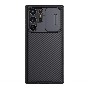 NILLKIN CAMSHIELD PRO protecție din plastic pentru telefon (cadru din silicon, rezistent la impact mediu, protecție cameră, model cu dungi) NEGRU Samsung Galaxy S22 5G (SM-S901)