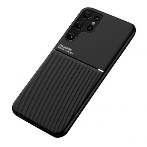 Protecție din plastic pentru telefon (cadru din silicon, rezistență medie la impact, placă metalică încorporată, spate cu efect piele, model în dungi) NEGRU Samsung Galaxy S22 Ultra 5G (SM-S908)