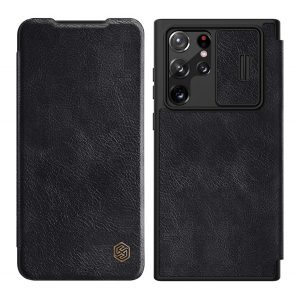 NILLKIN QIN PROHusăpermanentă cu efect de piele (FLIP, deschidere laterală, suport pentru carduri de credit, protecție pentru cameră) negru Samsung Galaxy S22 Ultra 5G (SM-S908)