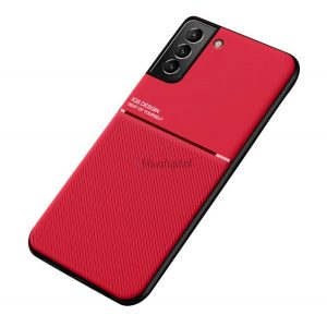 Protecție din plastic pentru telefon (cadru din silicon, rezistență medie la impact, placă metalică încorporată, spate cu efect piele, model în dungi) ROȘU Samsung Galaxy S22 Plus 5G (SM-S906)