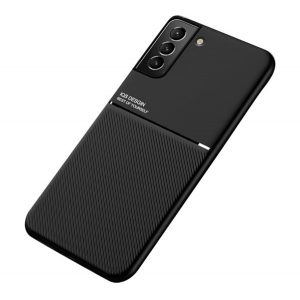 Protecție din plastic pentru telefon (cadru din silicon, rezistent la impact mediu, placă metalică încorporată, spate cu efect de piele, model cu dungi) negru Samsung Galaxy S22 5G (SM-S901)