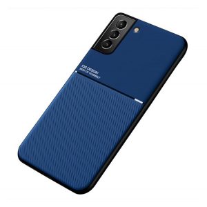 Protecție din plastic pentru telefon (cadru din silicon, rezistență medie la impact, placă metalică încorporată, spate cu efect piele, model în dungi) ALBASTRU ÎNCHIS Samsung Galaxy S22 5G (SM-S901)