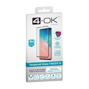 4-OK folie sticlă protecție ecran(3D, curbat, rezistent la zgârieturi, husă-friendly, cititor de amprente digitale, 9H) negru Samsung Galaxy S22 Ultra 5G (SM-S908)