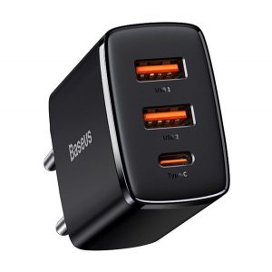 Încărcător BASEUS COMPACT 2 prize USB+Type-C (20W, încărcător rapid PD 3.0) NEGRU