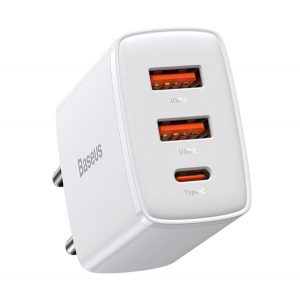 Încărcător BASEUS COMPACT 2 prize USB+Type-C (30W, încărcător rapid PD 3.0) ALB