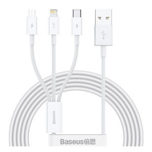 Cablu de încărcare BASEUS 3in1 (USB - lightning/microUSB/Tip-C, încărcător rapid, 150cm) ALB