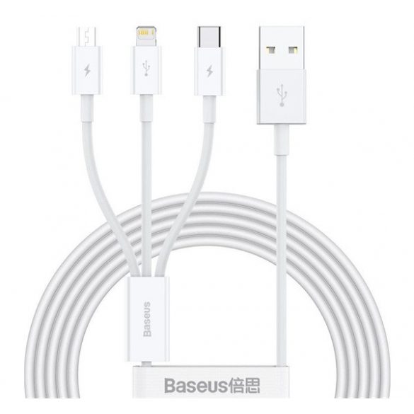 Cablu de încărcare BASEUS 3in1 (USB - lightning/microUSB/Tip-C, încărcător rapid, 150cm) ALB