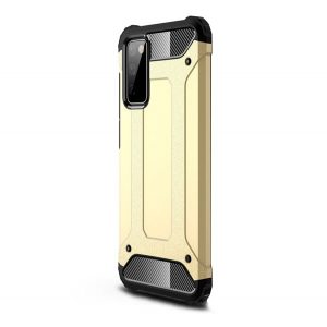 Protector de telefon din plastic Defender (rezistență medie la impact, colț cu pernă de aer, interior din silicon, efect metalic) GOLD Samsung Galaxy S21 FE (SM-G990)