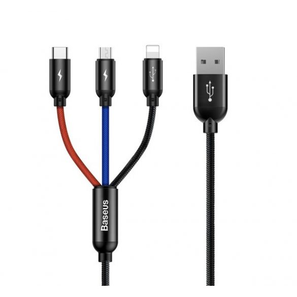 Cablu de încărcare BASEUS 3in1 (USB - lightning/Type-C/microUSB, încărcător rapid, 120cm) NEGRU