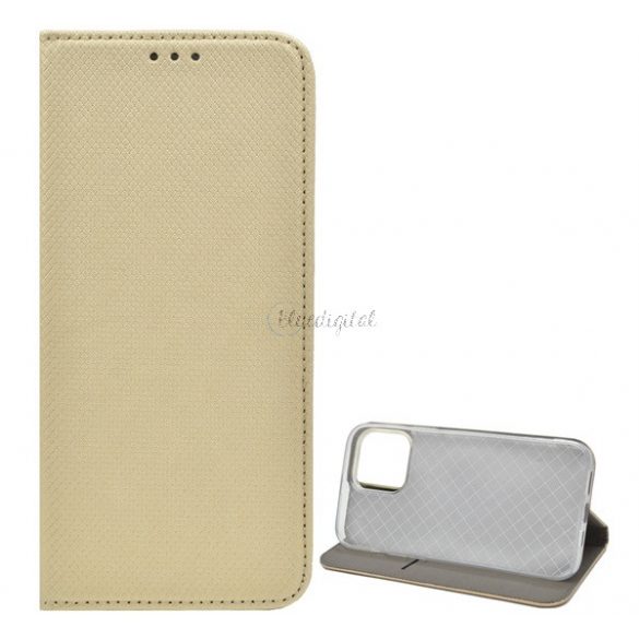 Carcasa in picioare, efect piele (FLIP, deschidere laterala, functie suport de masa, model romb) GOLD Apple iPhone 13 Pro