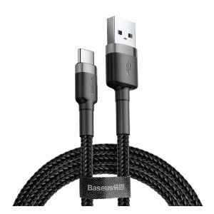 Cablu de date BASEUS CAFULE (USB - Type-C, 2A, încărcător rapid PD 3.0, 300cm, șiret) NEGRU/GRI