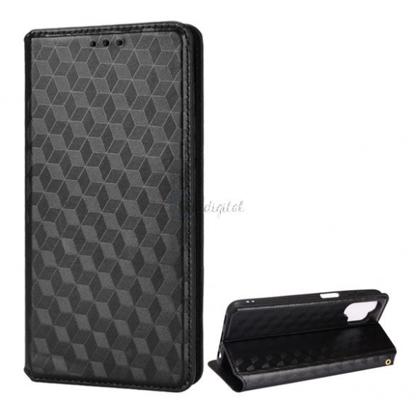 Carcasă în picioare, efect piele (FLIP, deschidere laterală, funcție de suport pentru desktop, model complet romb 3D, premium) NEGRU Samsung Galaxy A32 5G (SM-A326)