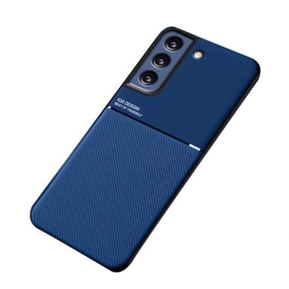 Protecție din plastic pentru telefon (cadru din silicon, rezistent la impact mediu, placă metalică încorporată, spate cu efect de piele, model cu dungi) CUTTING albastruSamsung Galaxy S21 FE (SM-G990)