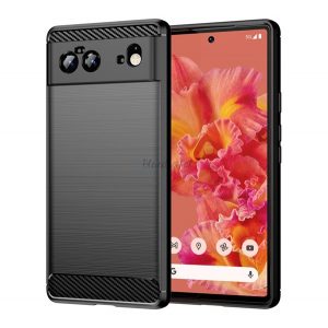 Protector de telefon din silicon (rezistență medie la impact, colț cu pernă de aer, periat, model carbon) NEGRU Google Pixel 6