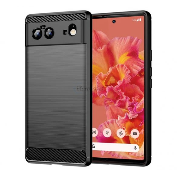 Protector de telefon din silicon (rezistență medie la impact, colț cu pernă de aer, periat, model carbon) NEGRU Google Pixel 6