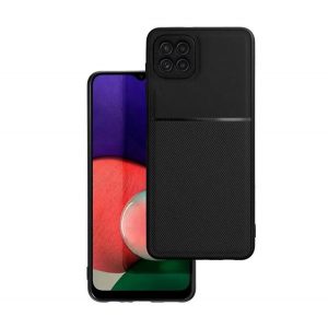 Protecție din plastic pentru telefon (cadru din silicon, rezistent la impact mediu, placă metalică încorporată, spate cu efect de piele, model cu dungi) negru Samsung Galaxy A22 5G (SM-A226)