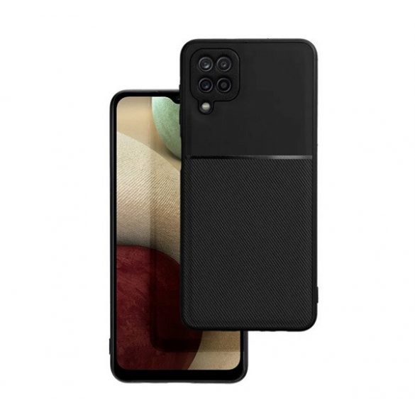 Protecție din plastic pentru telefon (cadru din silicon, rezistență medie la impact, placă metalică încorporată, spate cu efect piele, model în dungi) NEGRU Samsung Galaxy A12 (SM-A125F / SM-A127F)