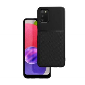 Protecție din plastic pentru telefon (cadru din silicon, rezistență medie la impact, placă metalică încorporată, spate cu efect piele, model în dungi) NEGRU Samsung Galaxy A03s (SM-A037F)