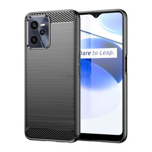 Protector de telefon din silicon (rezistență medie la impact, colț cu pernă de aer, periat, model carbon) NEGRU Realme C35