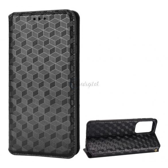 Husă în picioare, efect piele (FLIP, deschidere laterală, funcție de suport pentru desktop, model complet romb 3D, premium) NEGRU Samsung Galaxy M23 (SM-M236), Samsung Galaxy M13 (SM-M135)