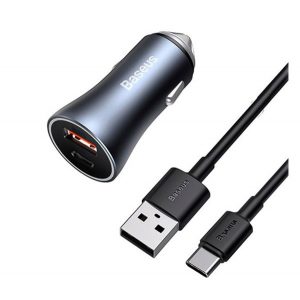 Încărcător auto BASEUS USB+priză tip C (40W, încărcător rapid PD 4.0, indicator LED + cablu tip C) GRI