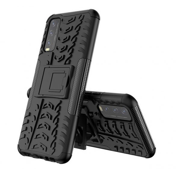 Protector de telefon din plastic Defender (rezistenta medie la impact, interior din silicon, suport, model cauciuc auto) NEGRU Vivo Y11s