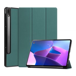 Carcasă în picioare, efect piele (FLIP activ, deschidere laterală, TRIFOLD, suport pentru birou, suport pentru creion) VERDE ÎNCHIS Lenovo Tab P12 Pro (TB-Q706F)