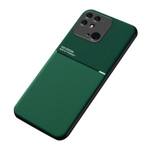 Protectie din plastic pentru telefon (cadru din silicon, rezistenta medie la impact, placa metalica incorporata, spate cu efect piele, model in dungi) VERDE INCHIS Xiaomi Redmi 10C