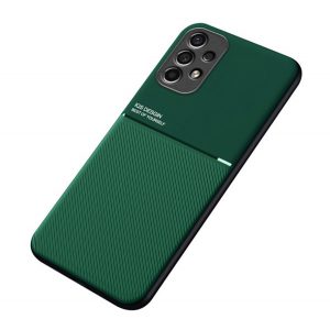 Protecție din plastic pentru telefon (cadru din silicon, rezistență medie la impact, placă metalică încorporată, spate cu efect piele, model în dungi) VERDE ÎNCHIS Samsung Galaxy A13 4G (SM-A135F / A137F)