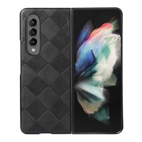 Protecție din plastic pentru telefon (rezistență medie la impact, spate cu efect de piele, model pătrat 3D, premium) NEGRU Samsung Galaxy Z Fold3 5G (SM-F926)