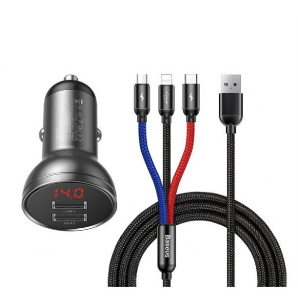 Încărcător auto BASEUS 2 prize USB (24W, display LED + cablu lightning/microUSB/Type-C) GRI