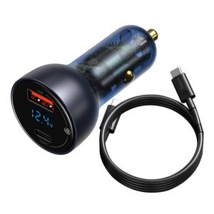 Încărcător auto BASEUS USB+priză tip C (65W, încărcător rapid PD 3.0 + cablu tip C) ALBASTRU ÎNCHIS