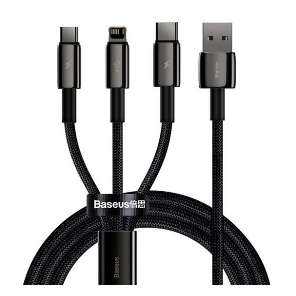 Cablu de incarcare BASEUS 3in1 (USB - lightning/Type-C/microUSB, incarcator rapid, 150cm, anti-rupere) NEGRU