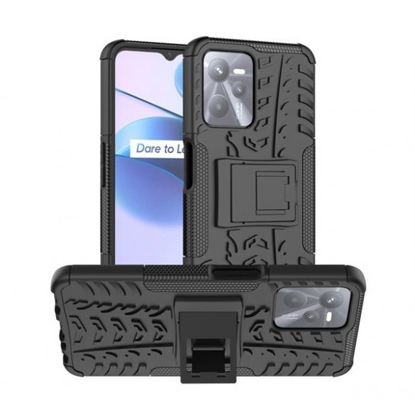 Defender protecțiede telefon din plastic (rezistent la impact mediu, interior silicon, suport, model anvelope auto) negru Realme C35