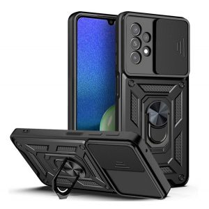 Protecție din plastic pentru telefon Defender (rezistență medie la impact, interior din silicon, inel suport telefon, protecție cameră foto) negru Samsung Galaxy A13 4G (SM-A135F / A137F)