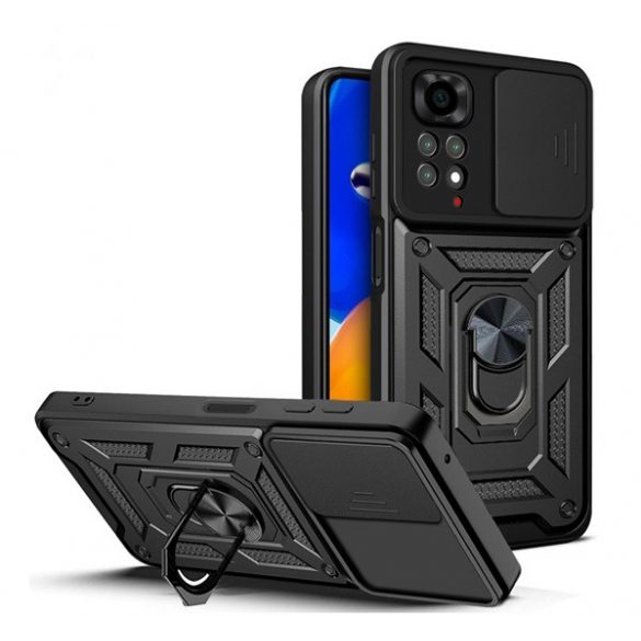 Defender protecțiede telefon din plastic (rezistent la impact mediu, interior din silicon, inel de fixare a telefonului, protecție a camerei) negru Xiaomi Redmi Note 11 Pro