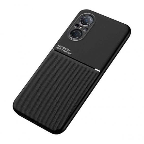 Protecție din plastic pentru telefon (cadru din silicon, rezistență medie la impact, placă metalică încorporată, spate cu efect de piele, model cu dungi) negru Huawei Nova 9 SE