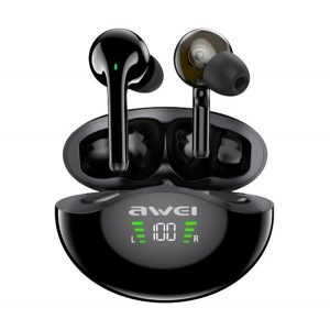 Căști bluetooth AWEI T12P STEREO (v5.1, TWS, filtru de zgomot activ, rezistent la apă, afișaj LED + carcasă de încărcare) NEGRU