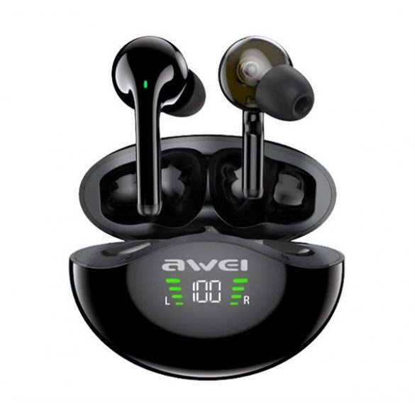 Căști bluetooth AWEI T12P STEREO (v5.1, TWS, filtru de zgomot activ, rezistent la apă, afișaj LED + carcasă de încărcare) NEGRU