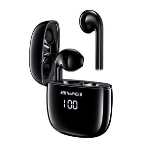 AWEI T28P bluetooth earphone Stereo (v5.0, TWS, anulare activă a zgomotului, rezistent la apă, afișaj LED + încărcător) NEGRU